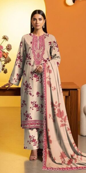 1b MARIA B Lawn Fabric 3pc Printed Suit With Embroidered Daman