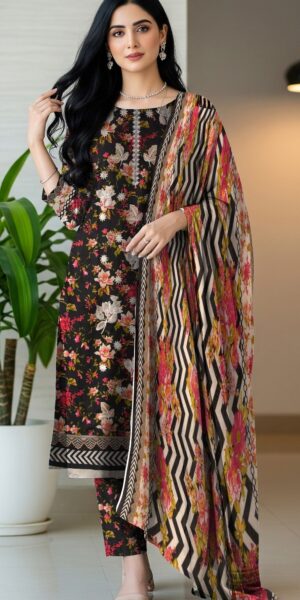 4b AK STUDIO Lawn Printed Embroidered Neckline Suit