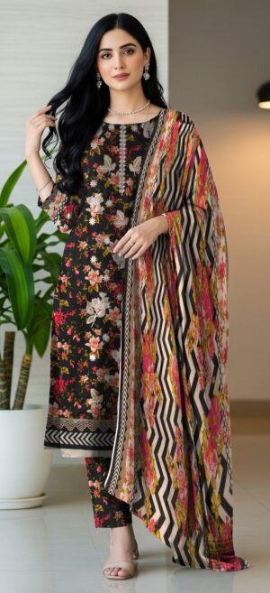 4b AK STUDIO Lawn Printed Embroidered Neckline Suit