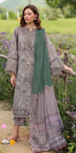 9b BAROQUE Embroidered Daman Lawn Fabric 3pc Suit