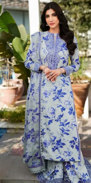 blue embroidered patches dress Afrozeh Printed Lawn Suit With Embroidery Patches
