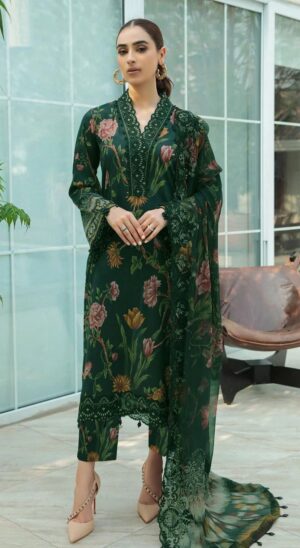 Nureh 3pc Lawn Printed Suit With Embroidered Patches