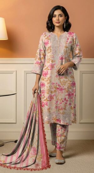 BAROQUE Lawn Printed And Embroidered Suit With Ready To Wear Dupatta
