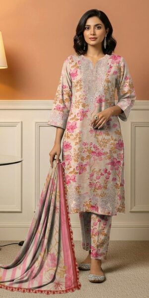 1 BAROQUE Lawn Printed And Embroidered Suit With Ready To Wear Dupatta