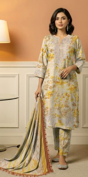 3 BROQUE Lawn Embroidered and Printed Dress With Embroidery Patches